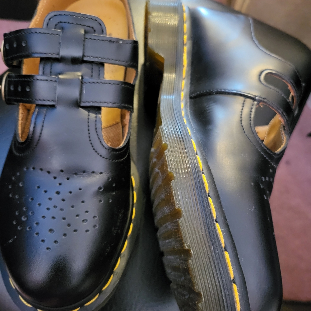 Dr. Martens Black Leather Oxfords with Yellow Stitching (Mary Jane Shoes)